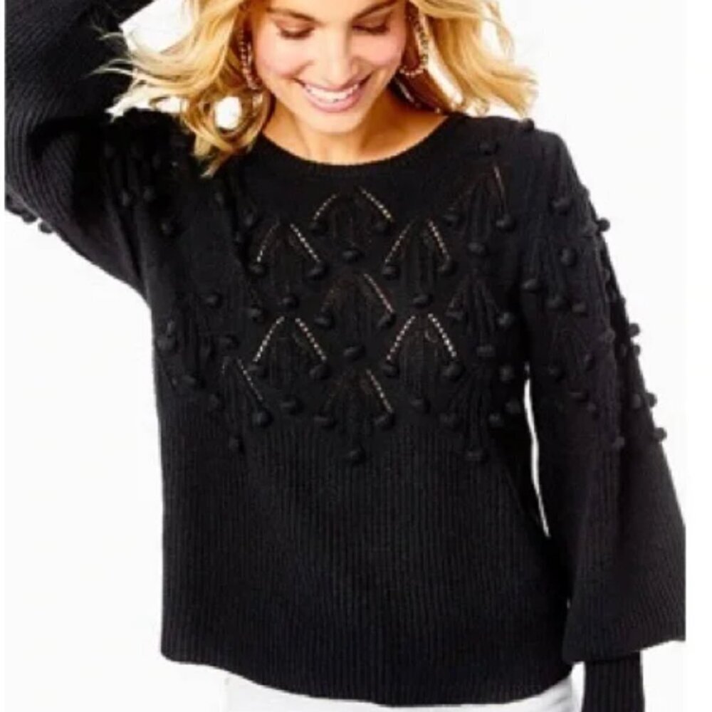 Lilly Pulitzer Black Nueve Bauble Knit Pom Pom Sweater Size XS